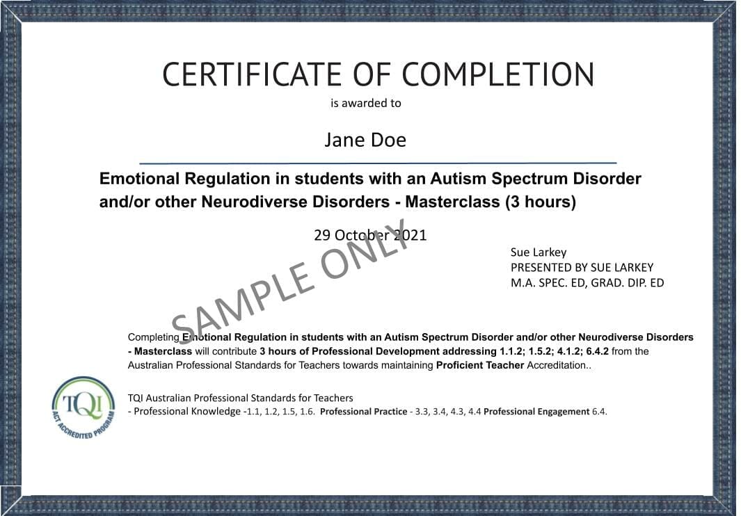 Certificate Sue Larkey Emotional Regulation Masterclass 2021 - no nesa